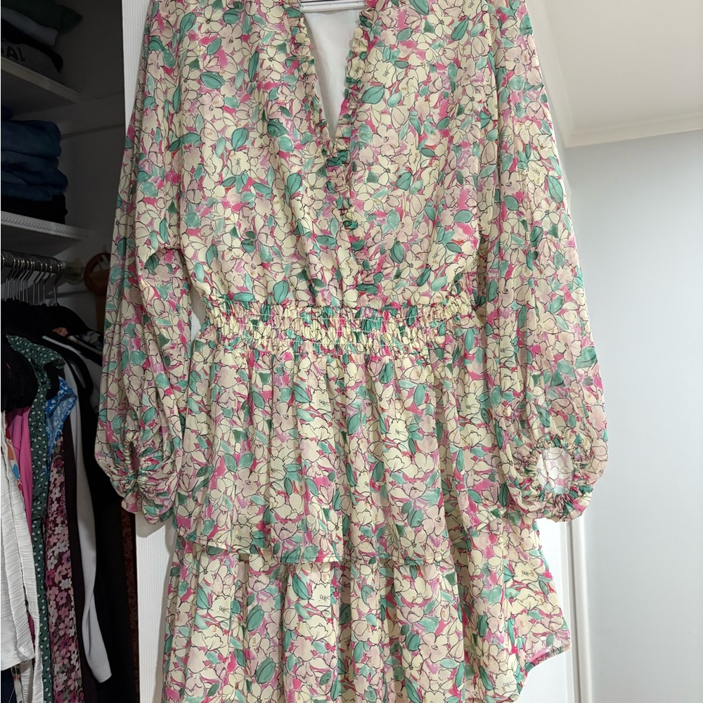 Lavender Brown Floral Mini Dress - Pink and Green